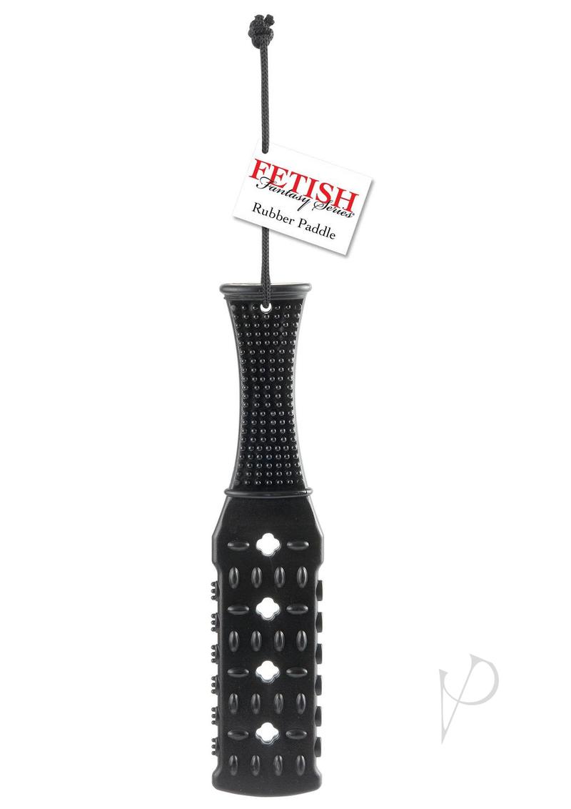 Fetish Fantasy Series Rubber Paddle 10.5 inch Black hanging with tag, ideal for dominance and submission play.