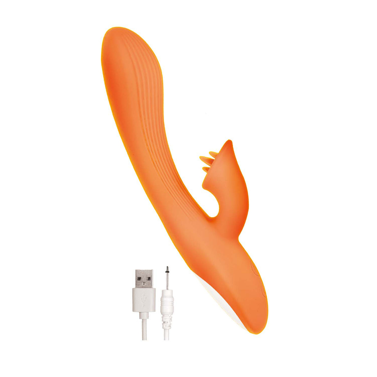 Nasstoys Goddess Lavish Desire Rabbit Vibrator Orange next to USB charging cable on a white background.