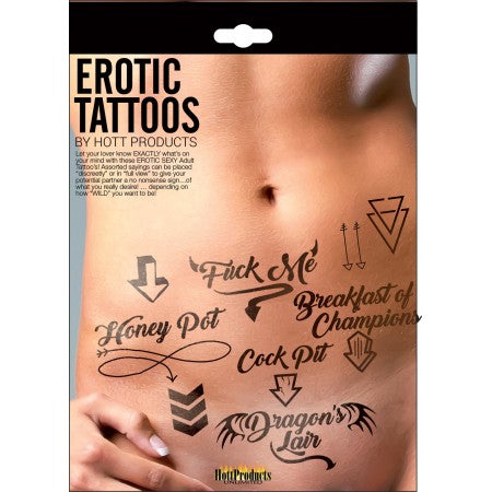 Hott Products Erotic Tattoos Assorted Pack Black featuring playful and cheeky temporary tattoos for adults.