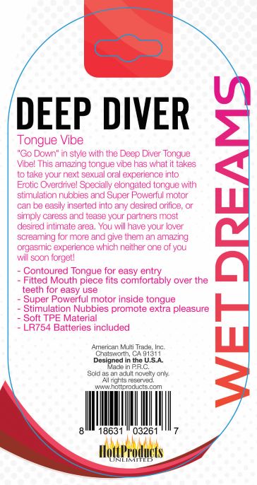 Tongue Star Deep Diver Clear Vibrating Tongue With Motor packaging, highlighting features and benefits of the product.