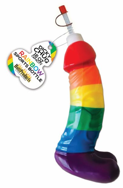 Rainbow Dicky Chug Sports Bottle 16 Ounces in vibrant rainbow colors with playful design and tag.