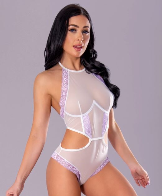Magic Silk Sheer Passion Halter Teddy White S M model showcasing soft fabric design and flattering silhouette
