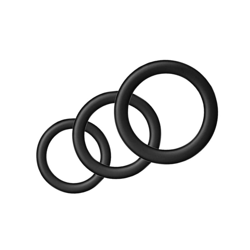 Silicone Ring Pack Red & Black 6 Pc Cockrings featuring three black silicone rings in varying sizes.