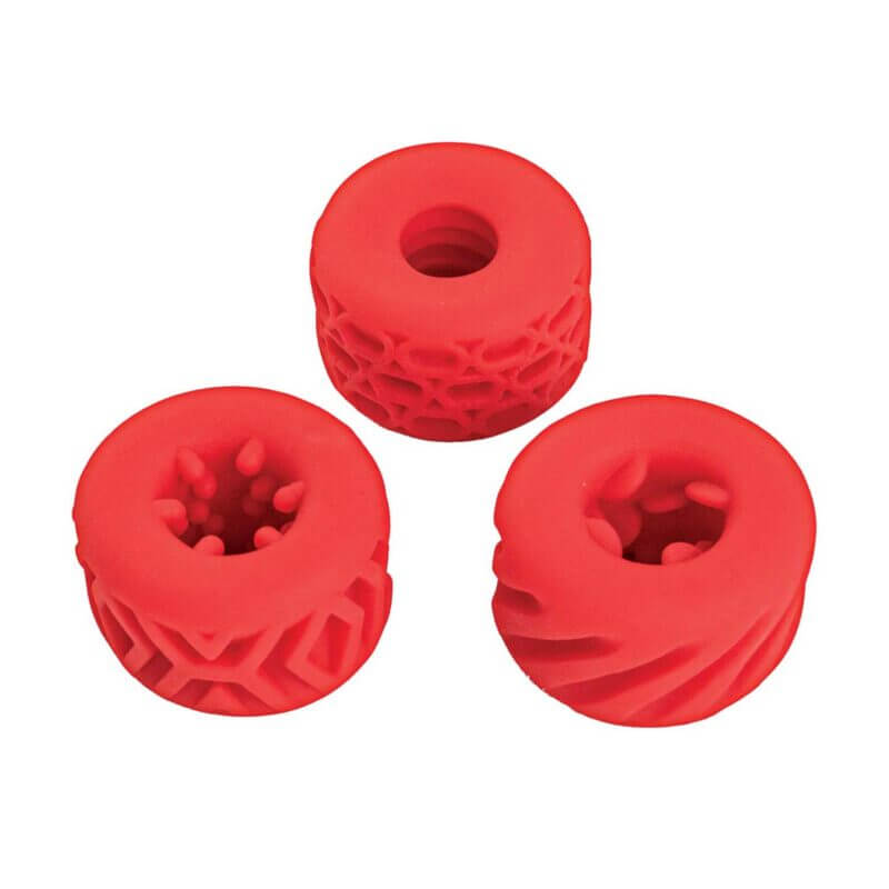 Super Stretchy Stroker Rings 3 Pack Red featuring three textured silicone rings in vibrant red.
