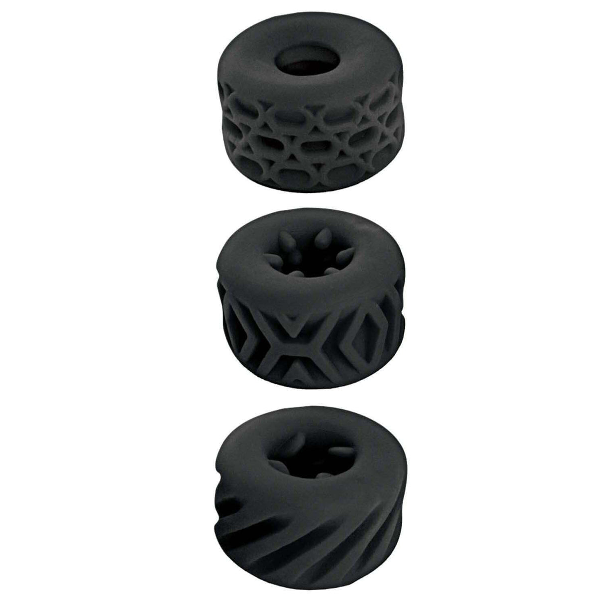 Super Stretchy Stroker Rings Black - set of three textured silicone rings for versatile pleasure.