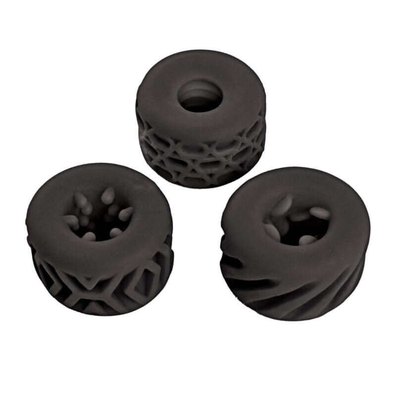 Super Stretchy Stroker Rings Black set of three textured silicone rings for stimulation and texture.