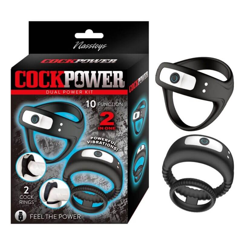 Cockpower Dual Power Kit Cockring Vibrator package featuring two cock rings and powerful vibrations.