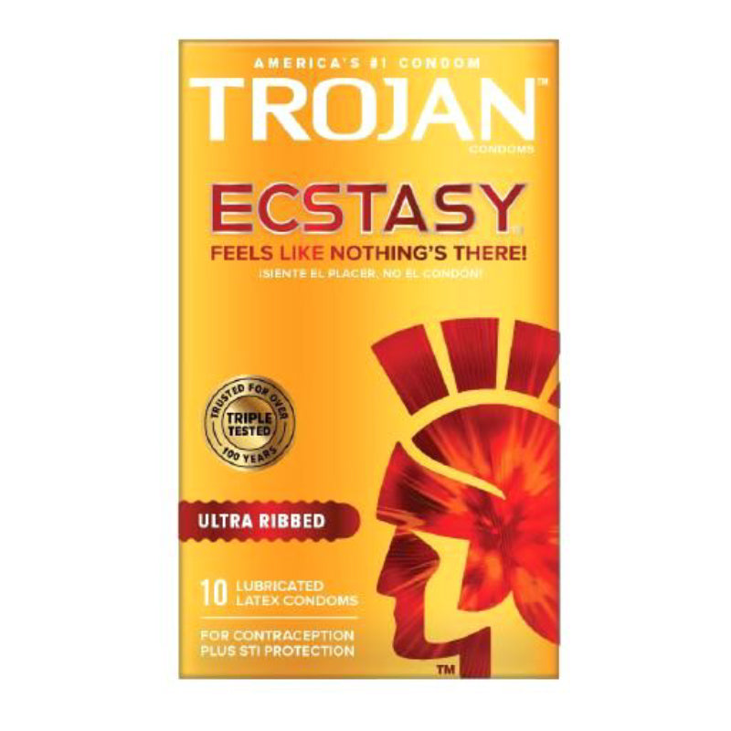 Trojan Ecstasy Ultra Ribbed Condoms with Ultra Smooth Lubricant 10 Pack