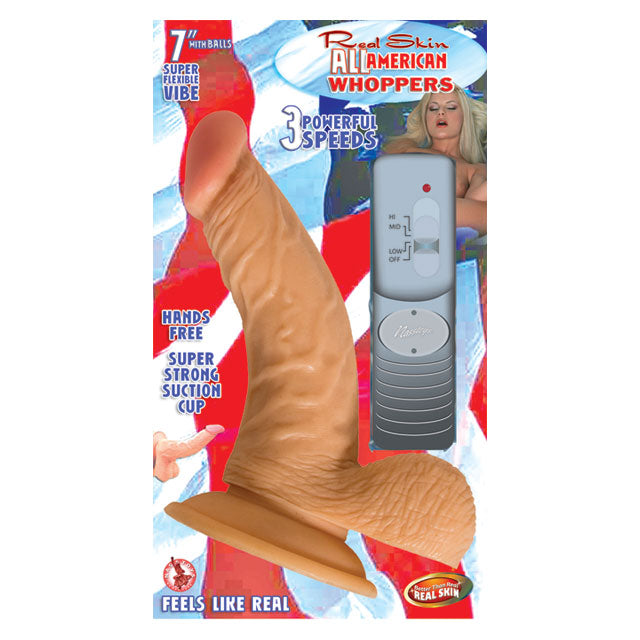 All American Whoppers 7 inch Vibrating Dong With Balls with realistic shape and strong suction cup on packaging.