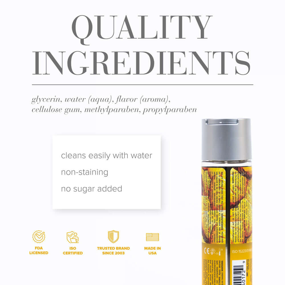 JO H2O Juicy Pineapple Flavored Water-Based Lubricant 4 Oz ingredients list highlighting quality and benefits.