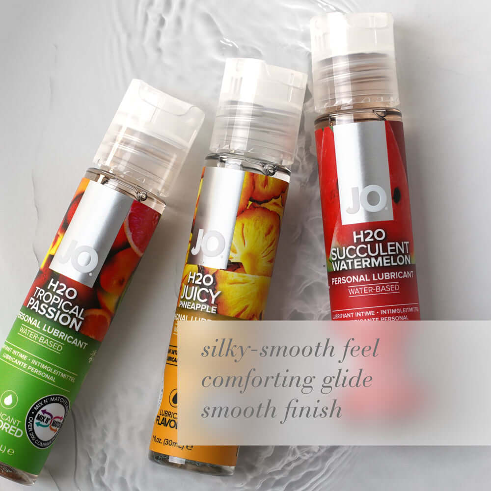 JO H2O Juicy Pineapple Flavored Water-Based Lubricant 4 Oz alongside other flavored lubricants for a silky-smooth experience.