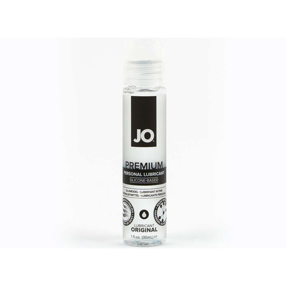 JO Premium Original Silicone-Based Lubricant 1 Oz bottle showcasing high-quality silicone formula for luxurious glide.