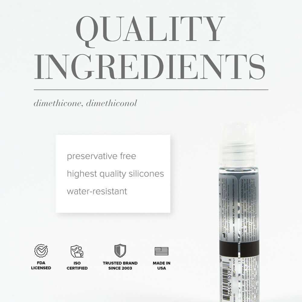 JO Premium Original Silicone-Based Lubricant 1 Oz ingredients including dimethicone and dimethiconol, highlighting quality and safety.
