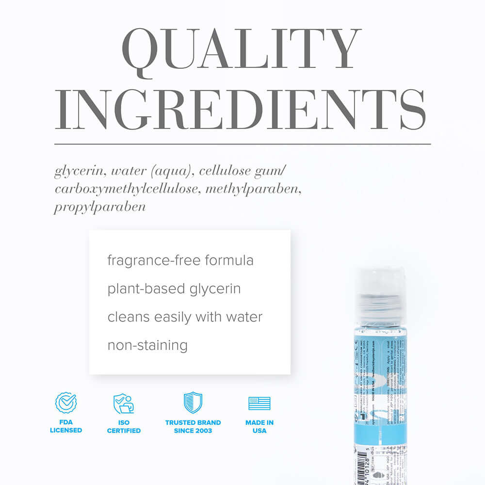 JO H2O Original Water-Based Lubricant 1 Oz ingredients list with quality details and certifications.