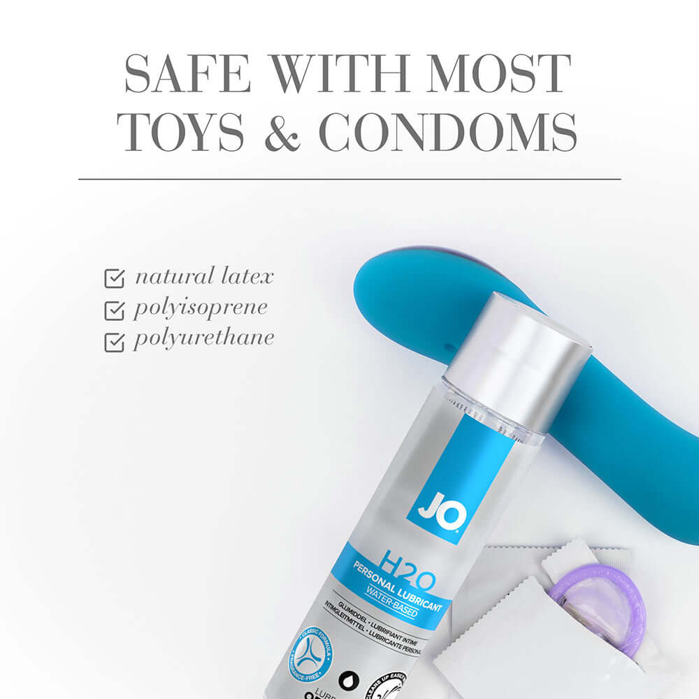 JO H2O Original Water-Based Lubricant 1 Oz safe with most toys and condoms, compatible with natural latex, polyisoprene, polyurethane.