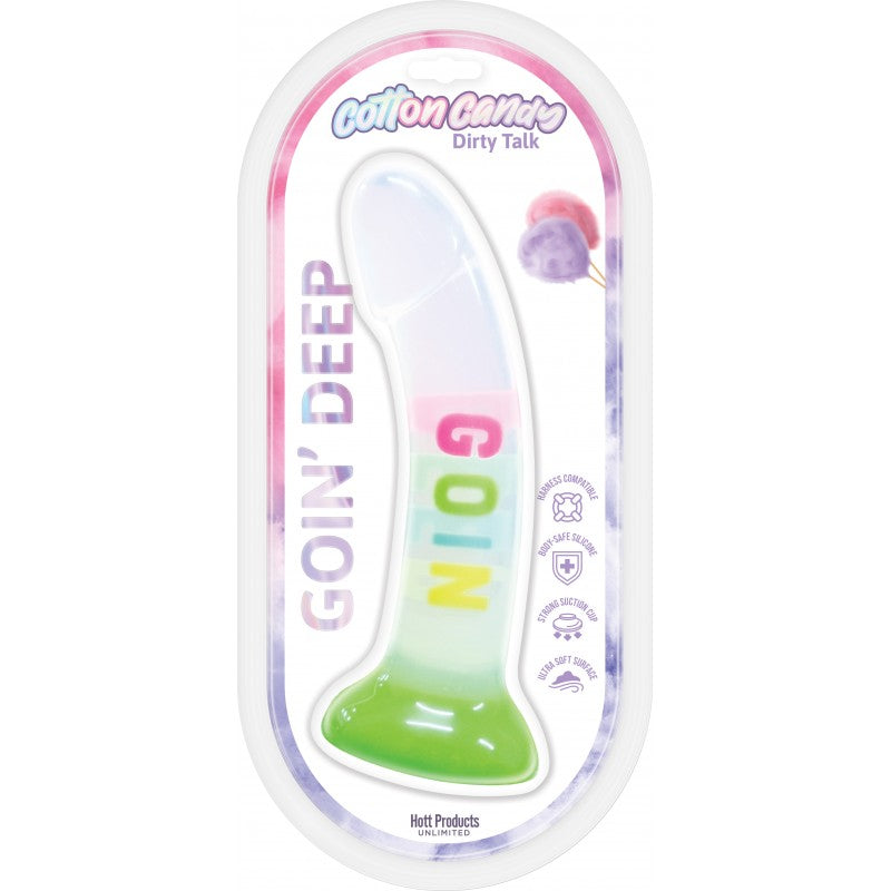 Cotton Candy Goin Deep 7 Inch Silicone Dildo Multicolor packaging showcasing its playful colors and soft-touch design.