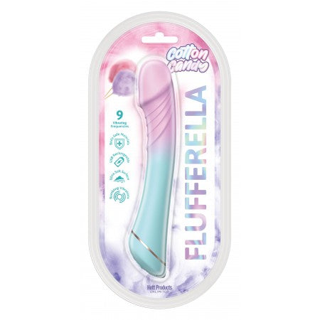 Cotton Candy Flufferella Silicone Vibrator Fuchsia Aqua packaging with colorful design and features.