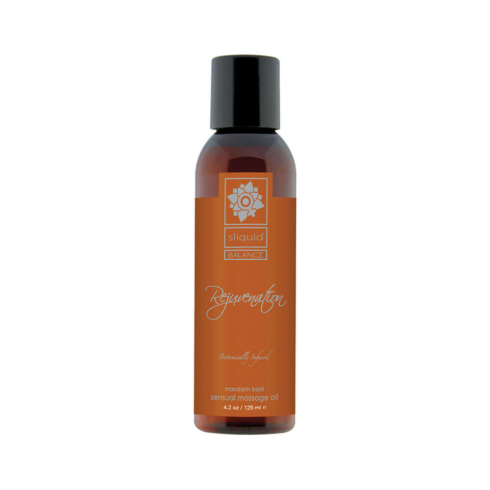Sliquid Organics Balance Massage Oil Mandarin Basil 4.2 Oz bottle, ideal for soothing and nourishing skin during massages.