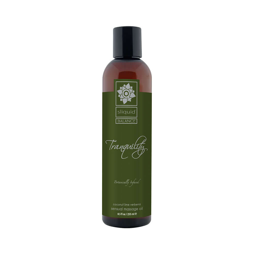 Sliquid Organics Massage Oil Tranquility Coconut Lime 8.5 Oz bottle showcasing its earthy design and branding.