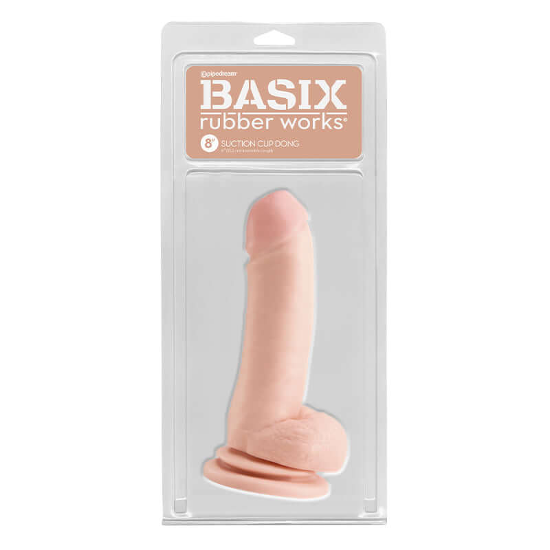 Basix Rubber Works 8 inch Suction Cup Dong With Balls Beige in packaging
