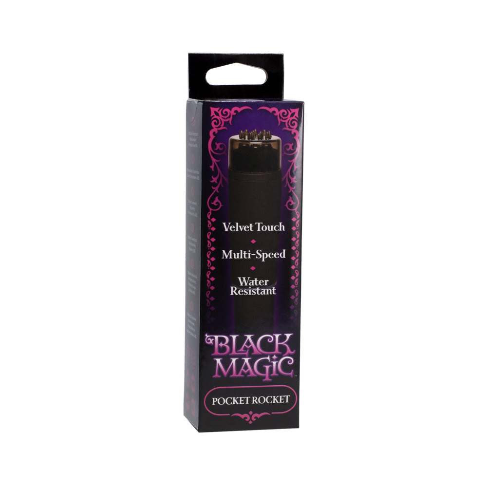 Black Magic Pocket Rocket Massager packaging featuring velvet touch, multi-speed settings, and water-resistant design.