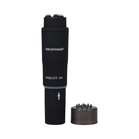 Black Magic Pocket Rocket Massager by Doc Johnson with open/close feature, sleek design.