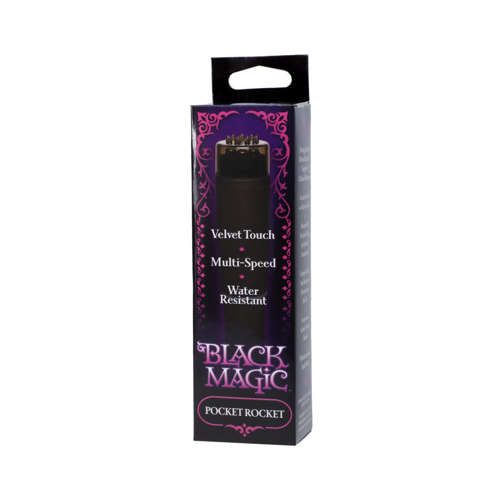 Black Magic Pocket Rocket Massager packaging with velvet touch, multi-speed settings, and water-resistant features.