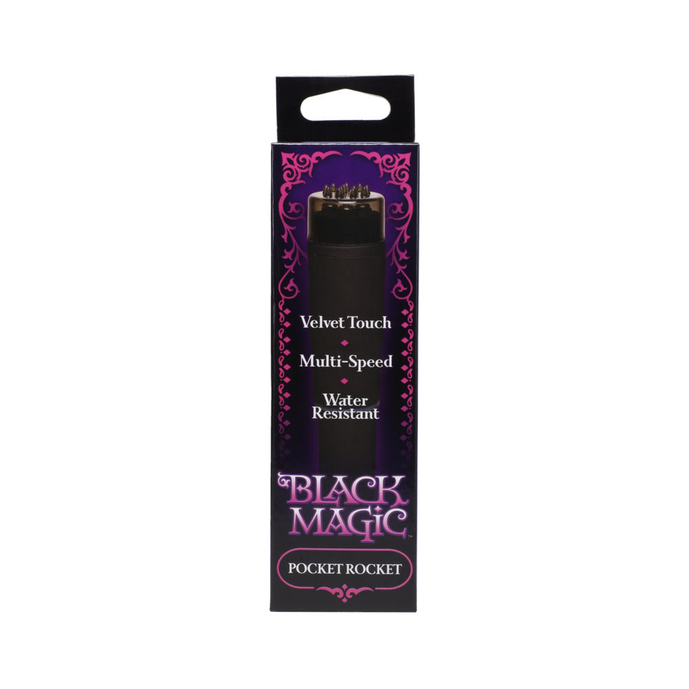 Black Magic Pocket Rocket Massager packaging featuring velvet touch, multi-speed, and water-resistant design.