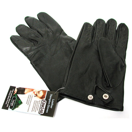 Kinklab Leather Vampire Gloves Small displayed with tag, featuring luxurious black leather for sensory play.