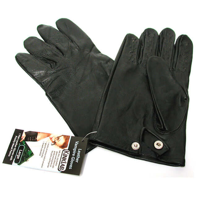 Kinklab Leather Vampire Gloves Medium showcasing sleek black leather design with metal points for sensory play.