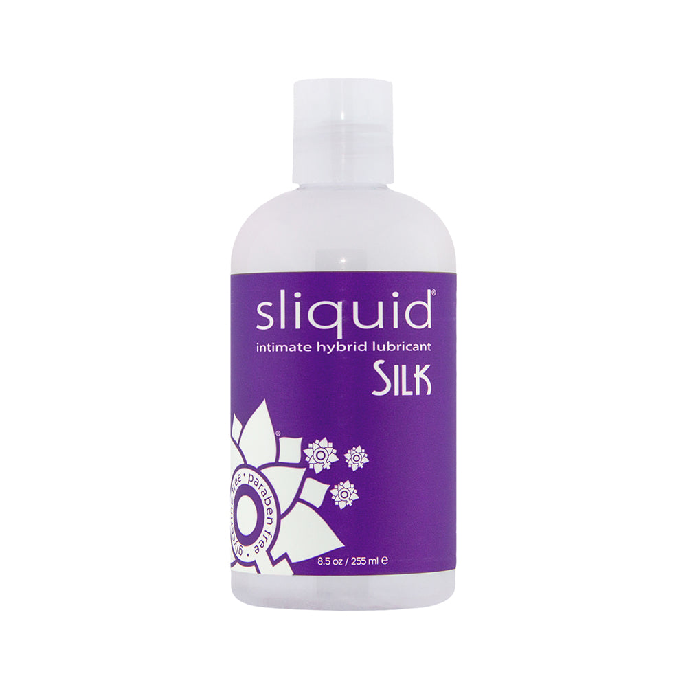 Sliquid Naturals Silk Hybrid Lubricant 8.5 Oz bottle with purple label and white cap.