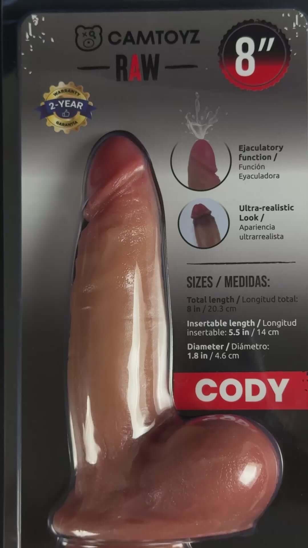 Camtoyz Ultra Realistic Squirting Dildo Cody 8 inch packaging showcasing features and dimensions.
