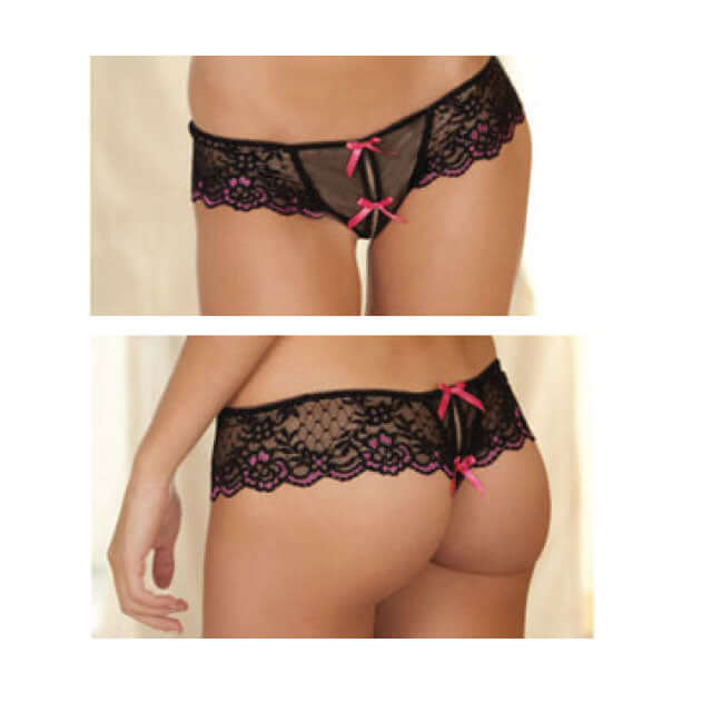 Rene Rofe Crotchless Lace Thong With Bows M L showcasing intricate lace and playful bow details.