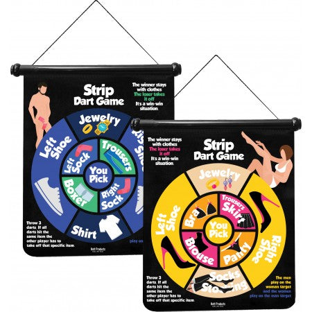 Hott Products Strip Darts Adult Party Game dartboard showing game rules and clothing options.