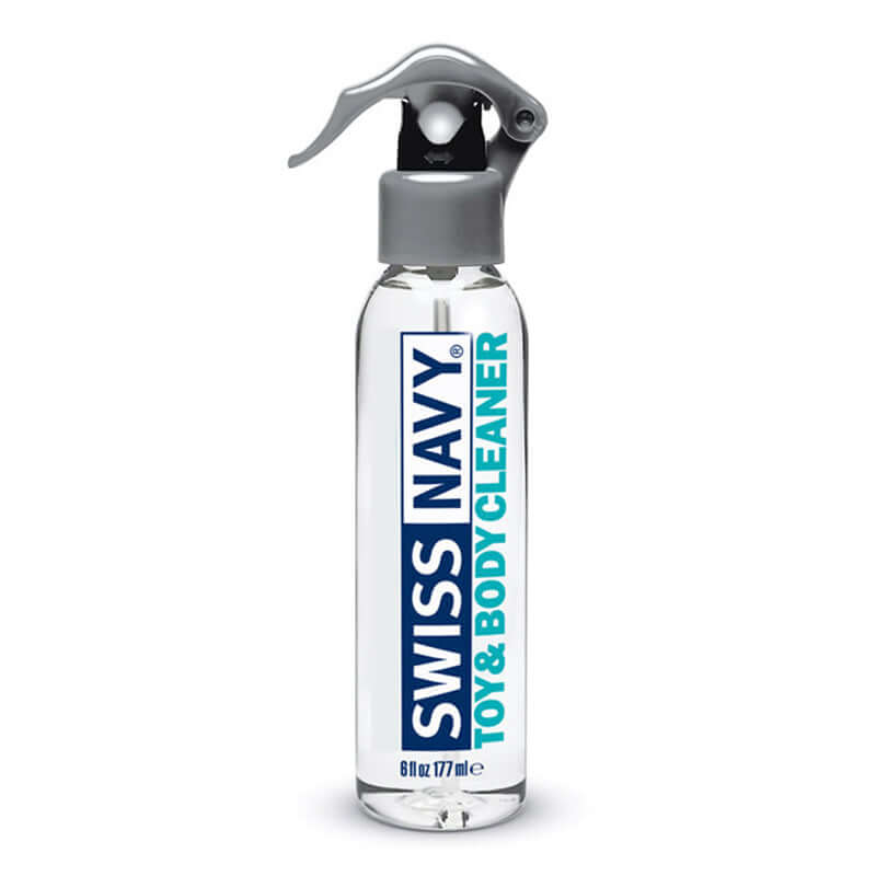 Swiss Navy Toy and Body Cleaner Spray 6 oz in a clear spray bottle for hygiene and care of pleasure items.