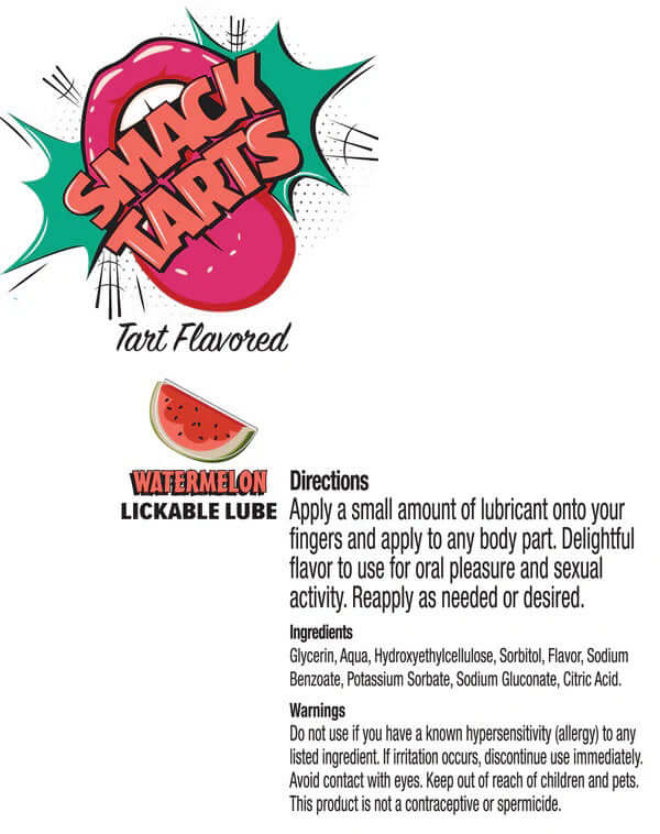 Smack Tarts Lube 3 ml Pouch Sour Watermelon Display 36 pc packaging with tart flavored lube information and directions.