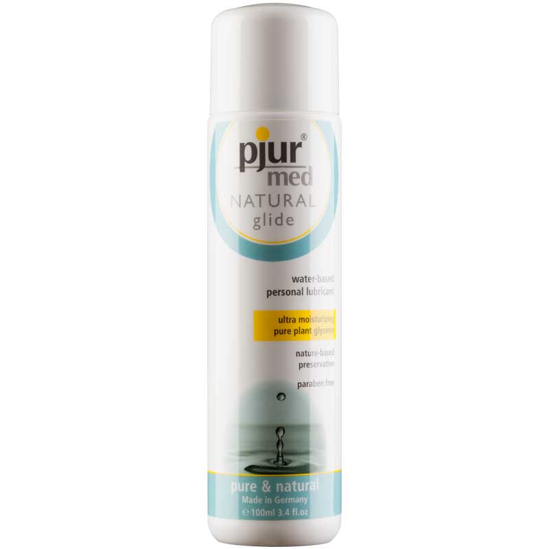 Pjur Med Natural Glide Water Based Lubricant 100 ml bottle featuring a sleek design and water-based formula.