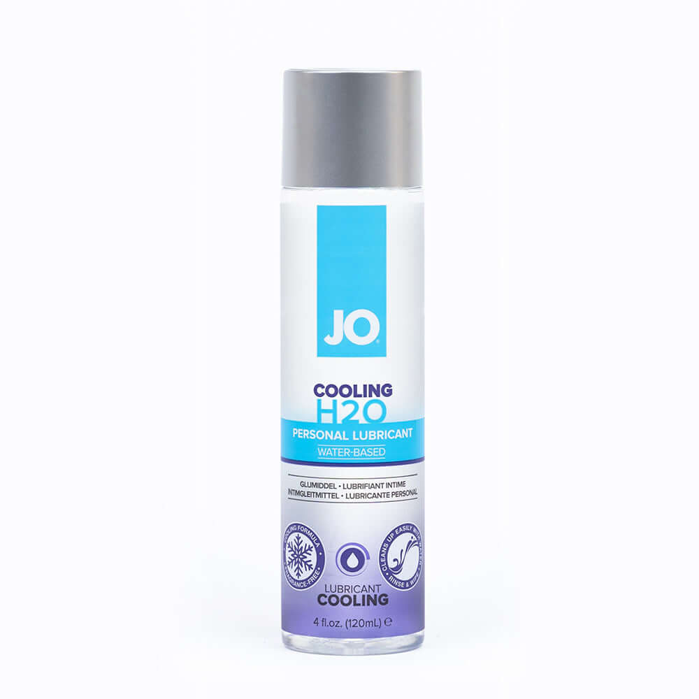 JO H2O Cooling Water-Based Lubricant 4 Oz bottle featuring a sleek design and cooling effect.