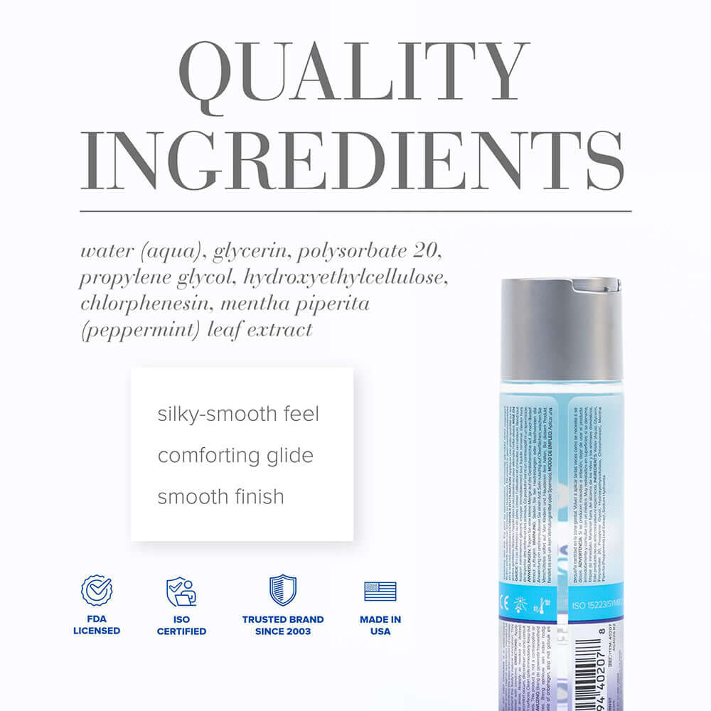 JO H2O Cooling Water-Based Lubricant 4 Oz ingredient list highlighting quality and comfort.