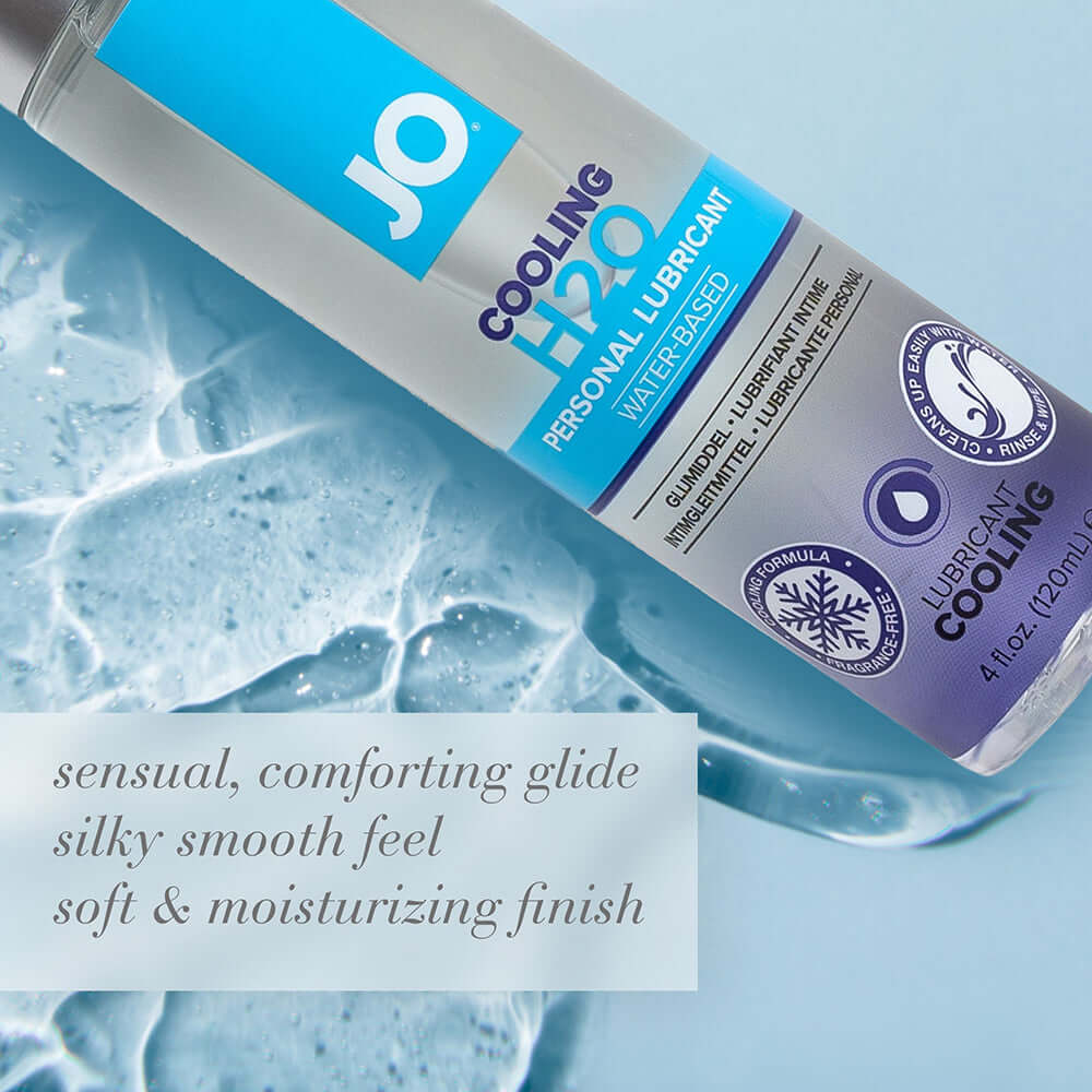 JO H2O Cooling Water-Based Lubricant 4 Oz bottle on a blue background with shimmering water.
