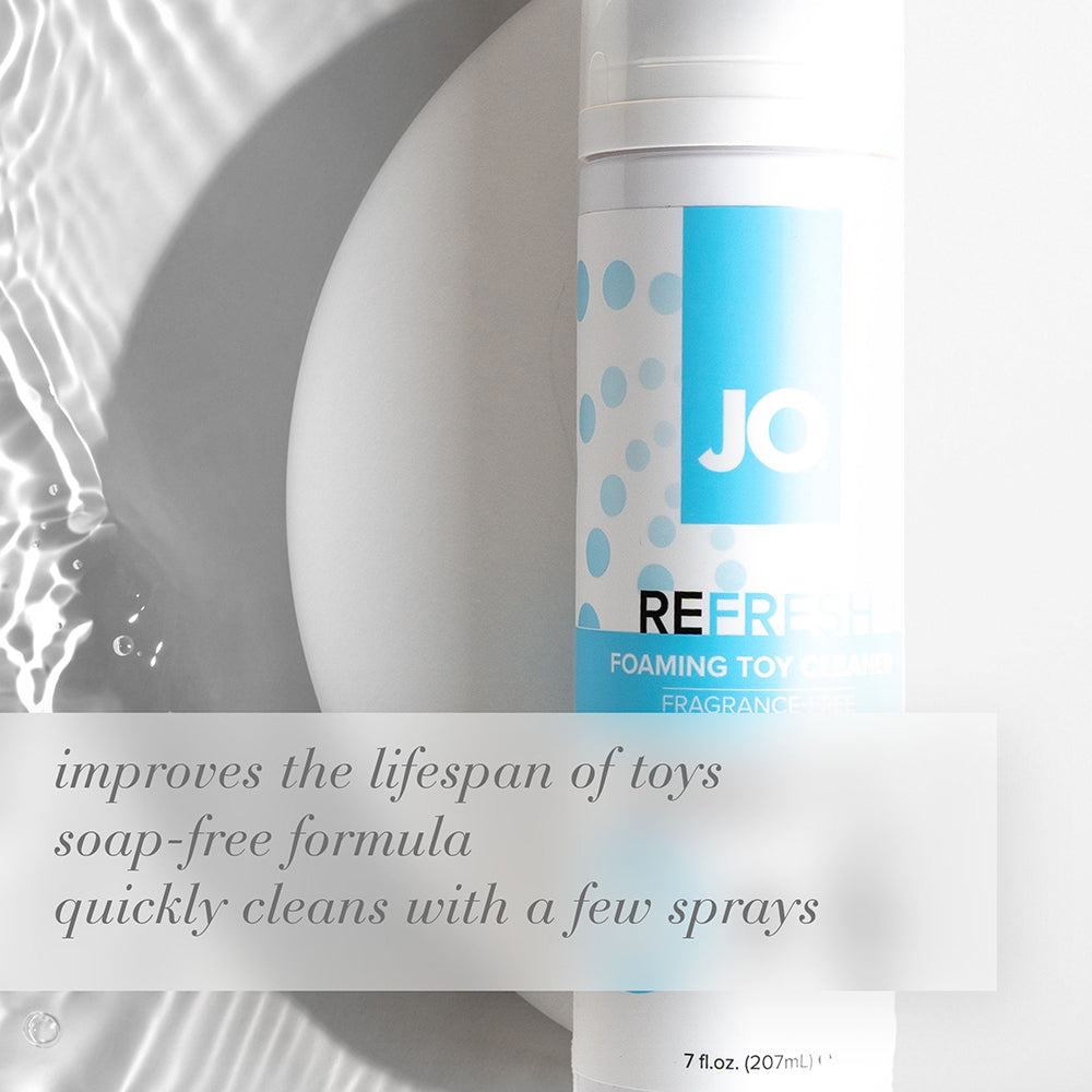 JO Refresh Foaming Toy Cleaner 7 Oz packaging with benefits highlighting quick cleaning and soap-free formula.