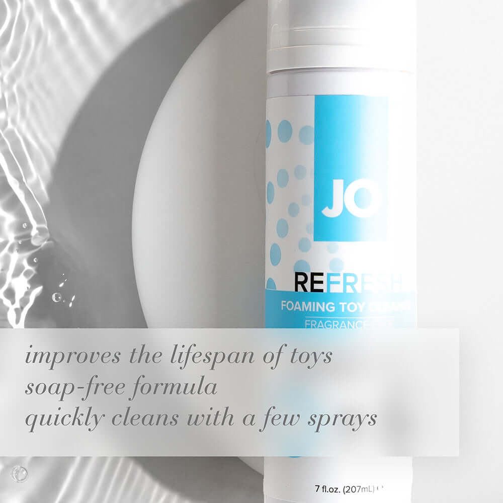 JO Refresh Foaming Toy Cleaner 7 Oz packaging with benefits highlighting quick cleaning and soap-free formula.
