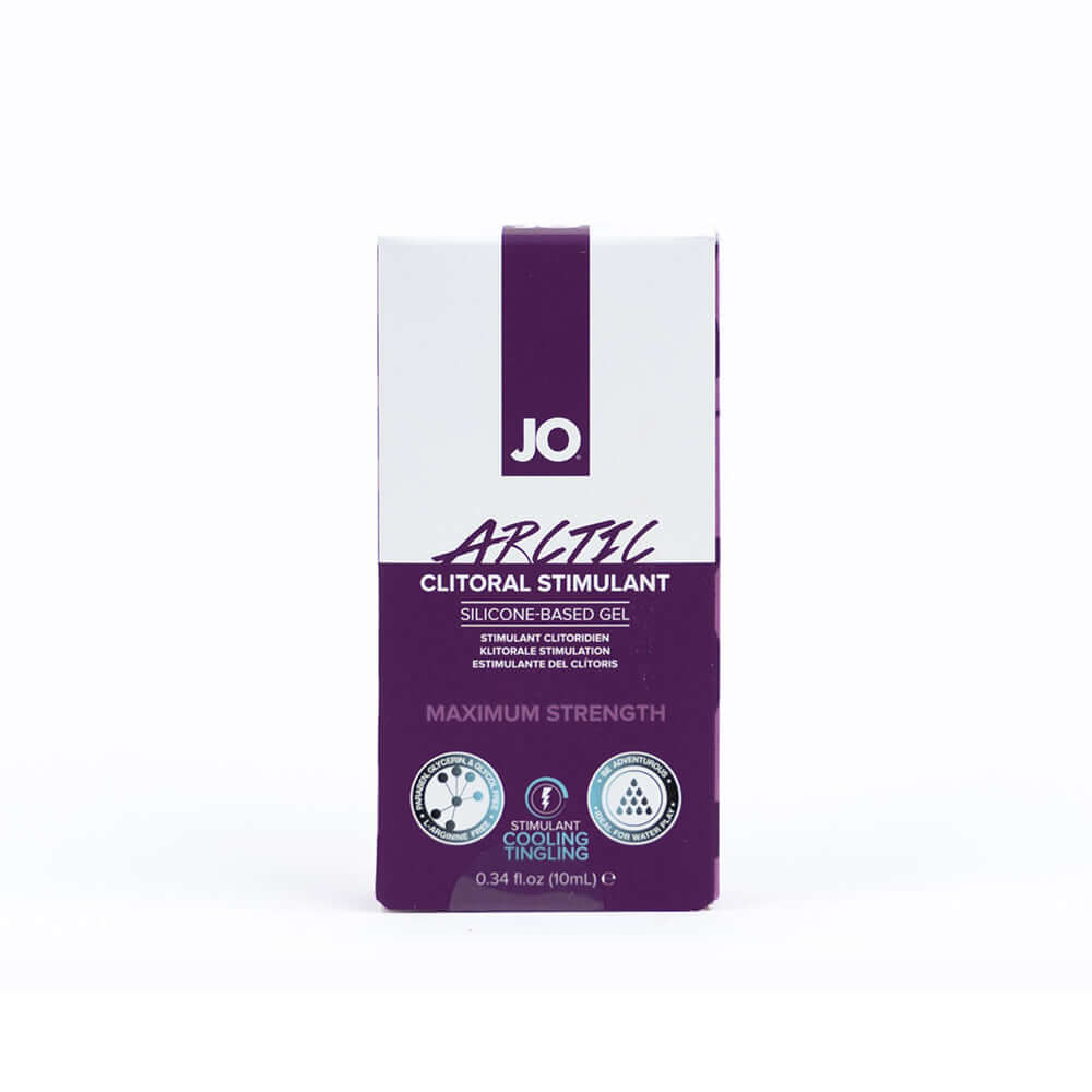 JO Arctic Clitoral Stimulant 0.34 Oz packaging featuring silicone-based gel for maximum strength cooling sensations.