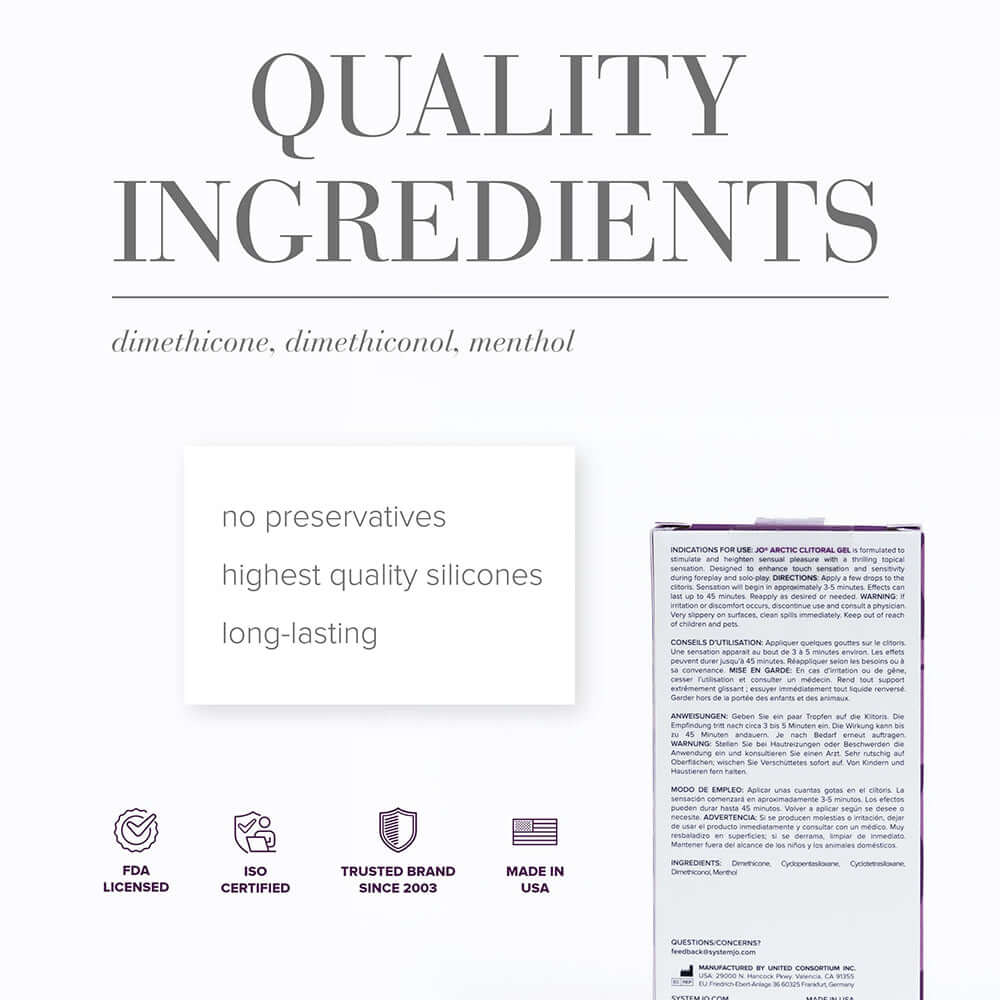 Ingredients list for JO Arctic Clitoral Stimulant 0.34 Oz, including dimethicone and menthol with quality certifications.