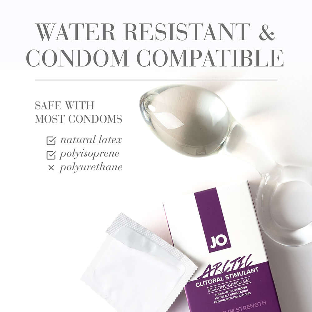 JO Arctic Clitoral Stimulant 0.34 Oz with water-resistant properties and condom compatibility for safe use.