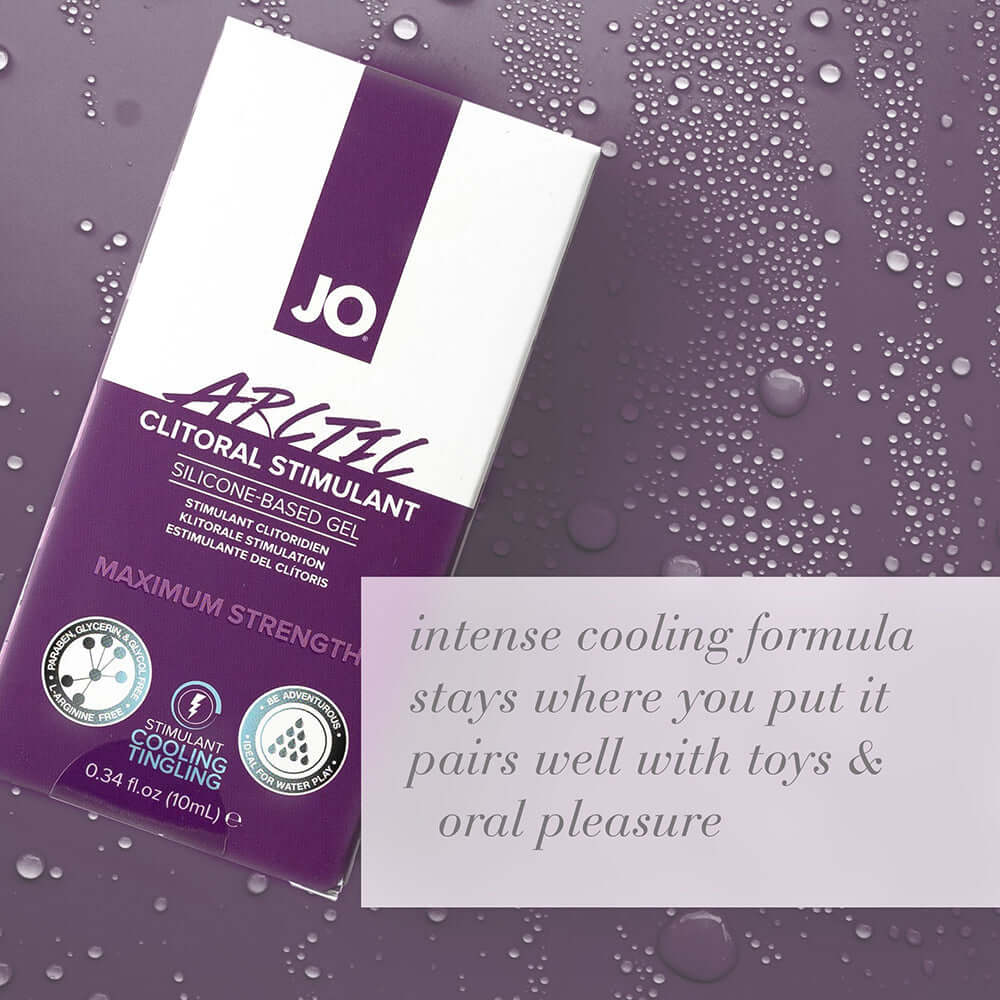 JO Arctic Clitoral Stimulant 0.34 Oz intense cooling formula gel packaging with product details and benefits.