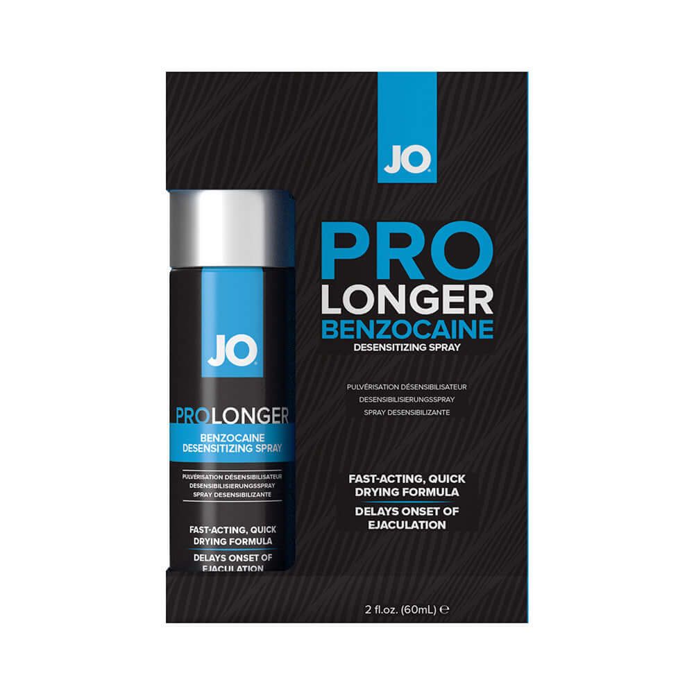JO Prolonger Benzocaine Desensitizing Spray 2 Oz bottle and packaging on display
