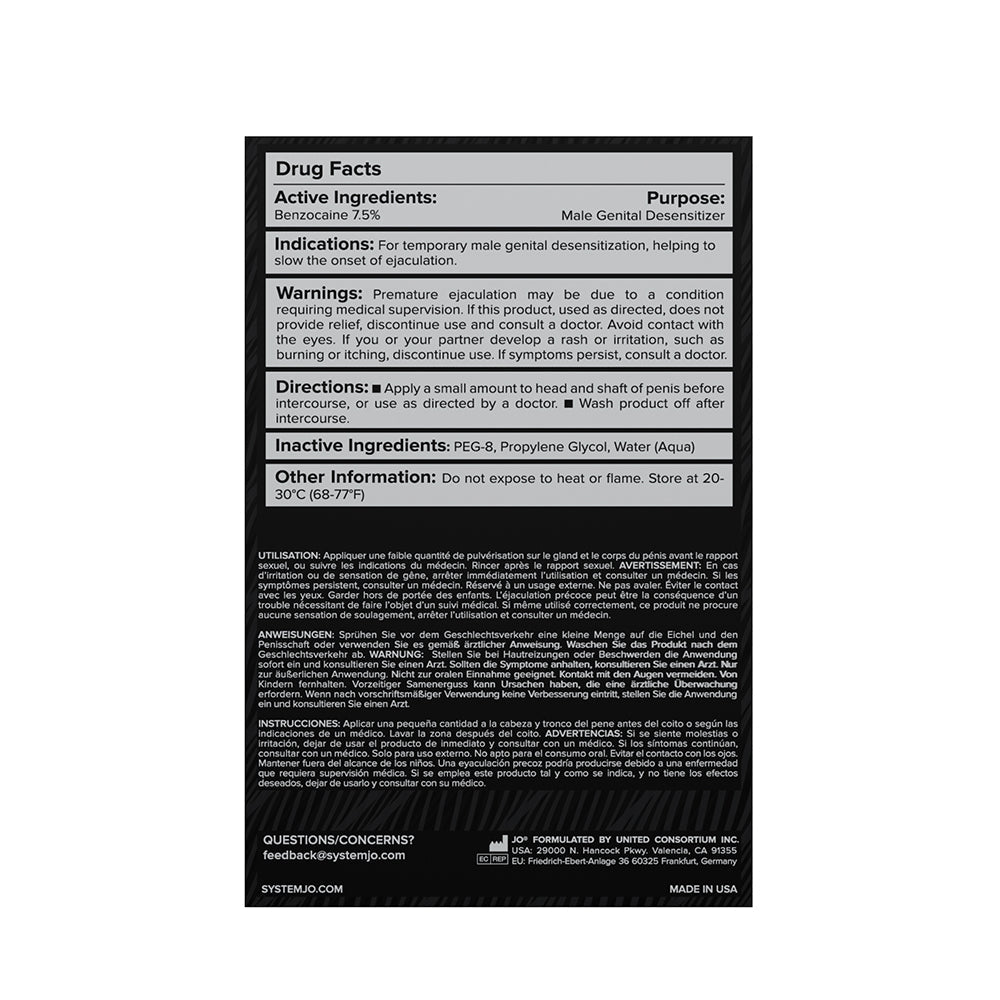 JO Prolonger Benzocaine Desensitizing Spray 2 Oz drug facts and ingredients label.