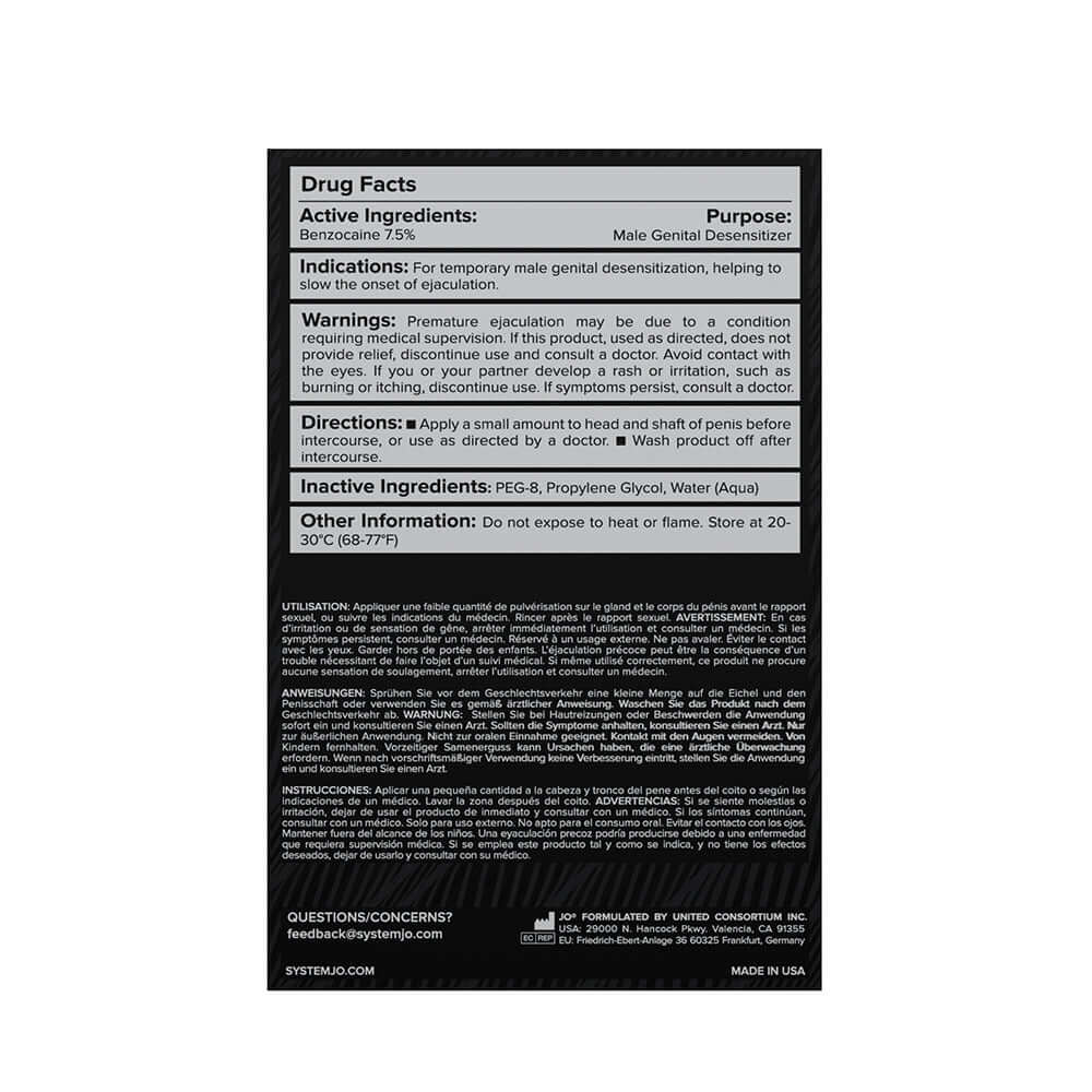 JO Prolonger Benzocaine Desensitizing Spray 2 Oz drug facts and ingredients label.