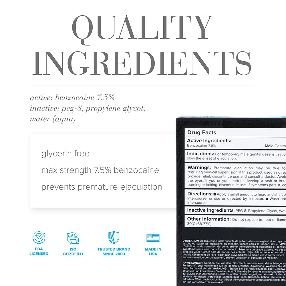 JO Prolonger Benzocaine Desensitizing Spray 2 Oz ingredients list showing benzocaine 7.5% and quality notes.